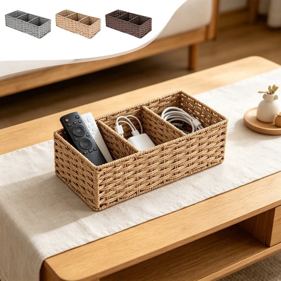 Fufafayo 3Pcs Paper Rope Woven Divided Storage Basket 3 Compartment Organizer, Bathroom Toiletries Caddy, Wicker Boho Home Decor for Shelf Counter Vanity