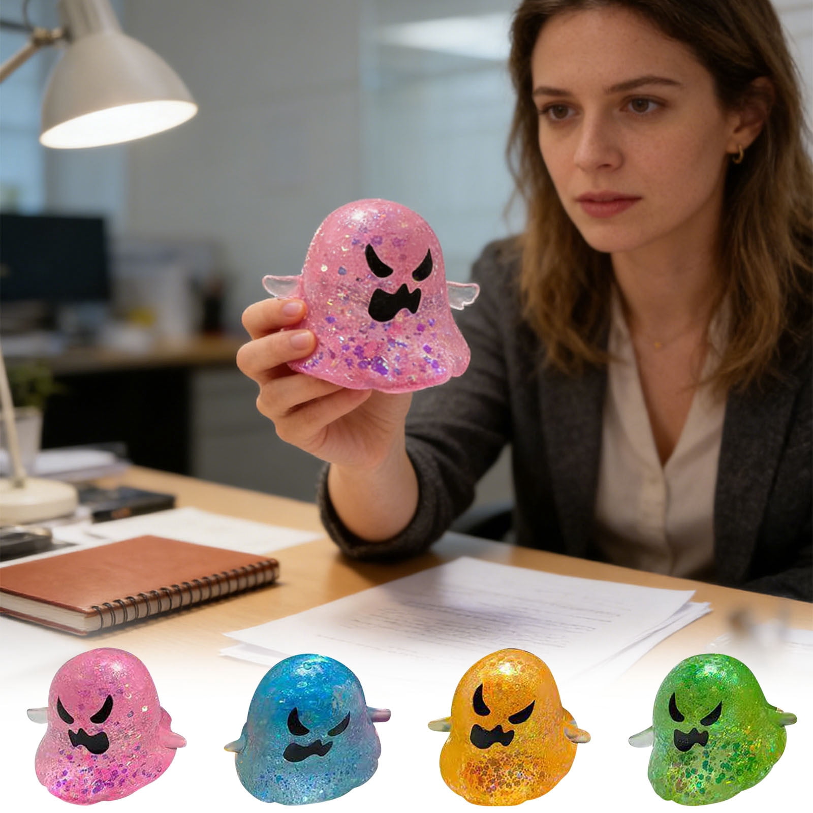 Fufafayo 4Pcs Ghost Sensory Ball, Stress ReliefToyFor Adults, Cute Dough Ball Stuffed Bun, Soft Decompression Dough for Anxiety, Desk Decor for Office Bedroom Living Room