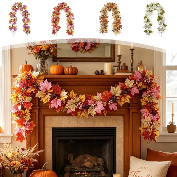 Fufafayo 4Pcs Holiday Thanksgiving Maple Leaf Vines, Artificial Autumn Fall Foliage Garland Hanging Decoration for Mantel, Fireplace, Doorway, Window or Wall, Seasonal Home Decor