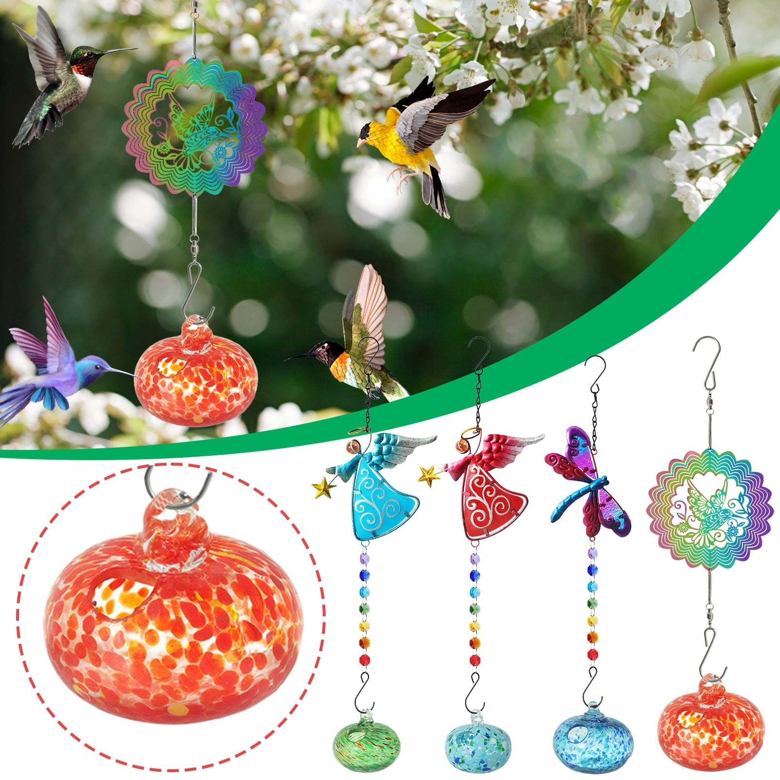 Fufafayo 4Pcs Hummingbird Feeder Wind Chime, Painted Bird Feeder for Outdoors, Sunlight Refractor Garden Decor, Hanging Pendant for Patio Yard Garden