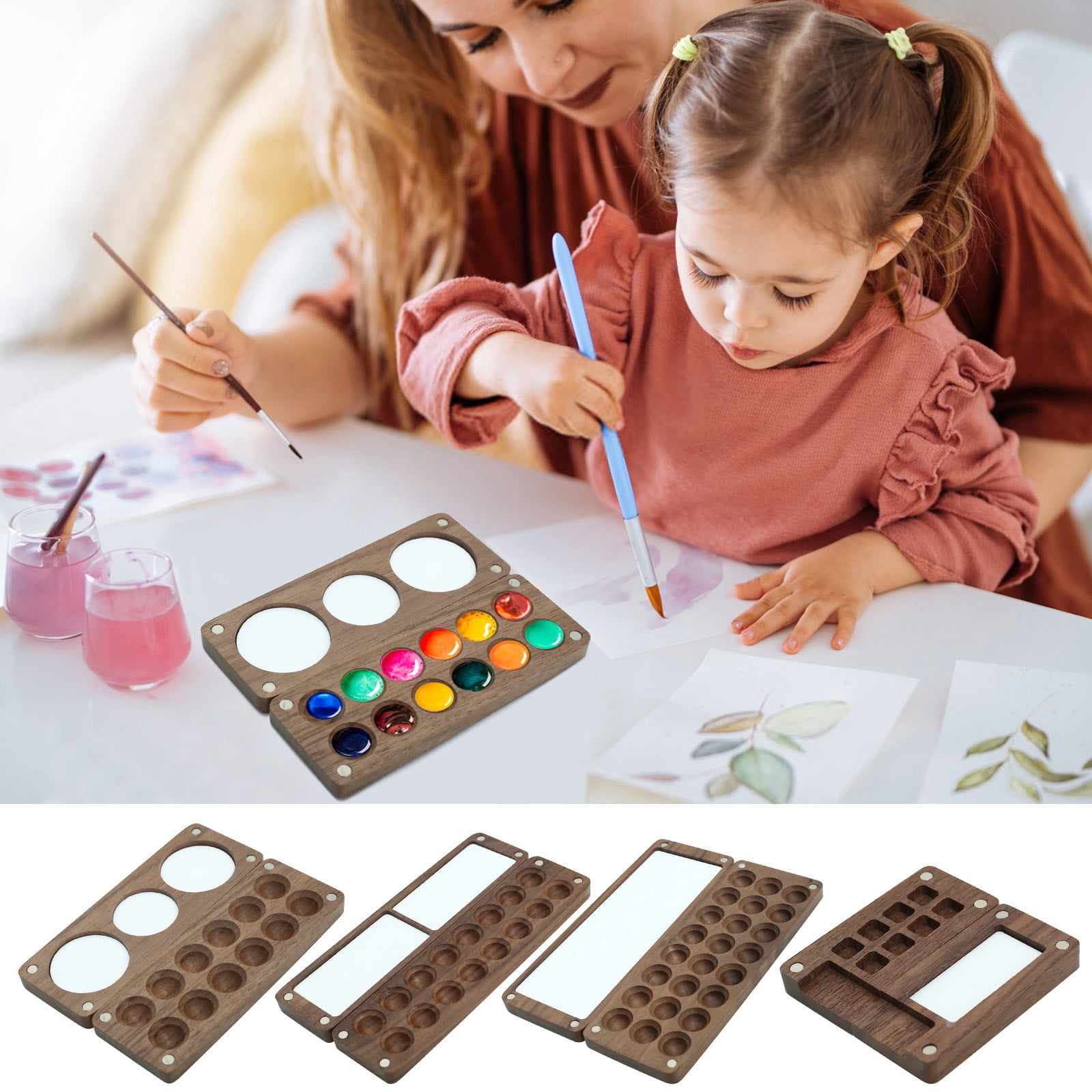 Fufafayo 4Pcs Portable Walnut Watercolor Palette, Wooden Travel Art Box, Children'sWatercolor Color Mixing Box, Artist Pigment Organizer for Painting Sketching Outdoor