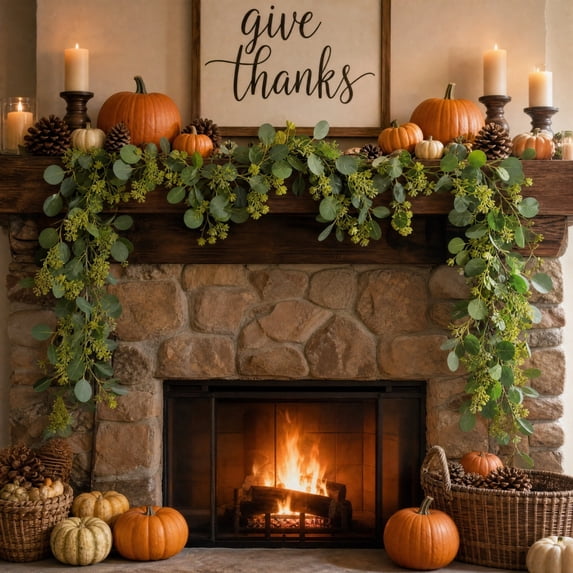 Fufafayo 4Pcs Thanksgiving Garland Fall Maple Leaf Garland 70.9 Inch Christmas Artificial Ivy Green Fake Leaf Decor for Fireplace Mantel Autumn Table Runner Home Wall Hanging Door Decoration