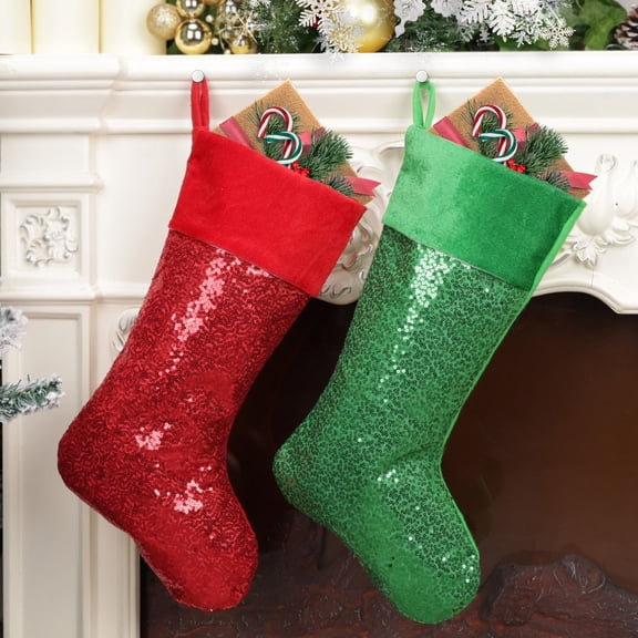 Fufafayo under $5 2Pcs Glitter Christmas Stocking, Christmas Sequined Stocking, Large Glitter Sock, Holiday Gift Bag, Tree Hanging Ornament for Fireplace, Mantel, Door, Festive Decor