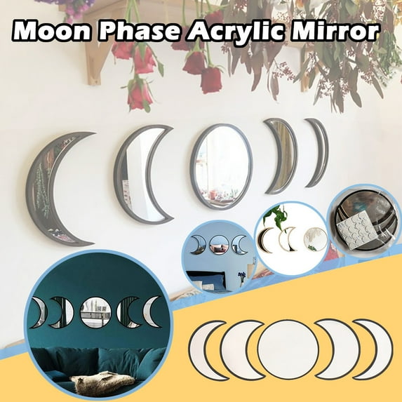 Fufafayo under $5 2Pcs Wooden Wall Mirror, Wall Mirror, Wooden Decorative Mirror, Nordic Style Phase Mirror Moon Cycle Wall Art, Acrylic Round Mirror, for Bedroom, Living Room, Hallway, Entryway