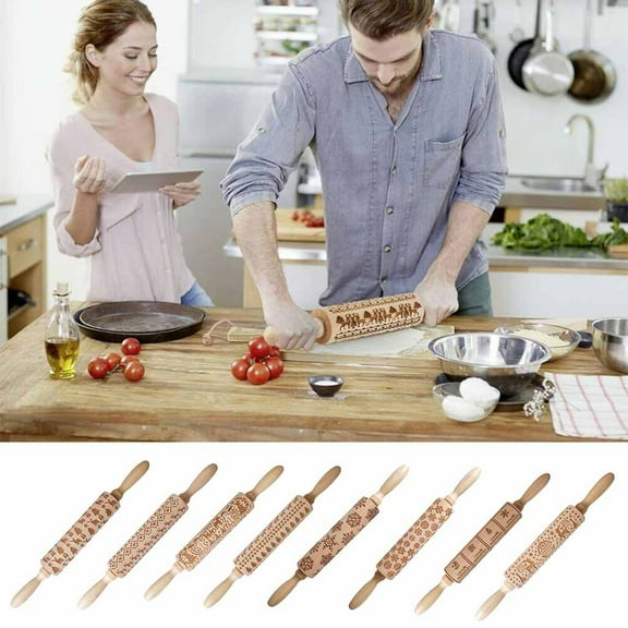Fufafayo under $5 3Pcs Embossed Rolling Pin, Embossed Rolling Pin, Christmas Tree Pattern Rolling Pin, Wooden Cookie Press for Baking, Fondant, Dough, Pastry, Kitchen Tool, Gift for Bakers