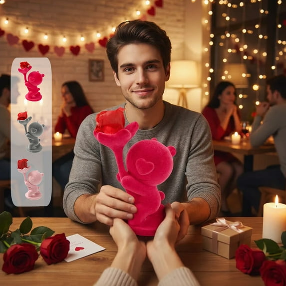 Fufafayo under $5 3Pcs Flocked Bear with Rose, Flocking Bear Ornament, Forever Rose Flower Arrangement, Valentine's Day Decorative Gift, Resin Bear with Rose, Desktop Table Decor