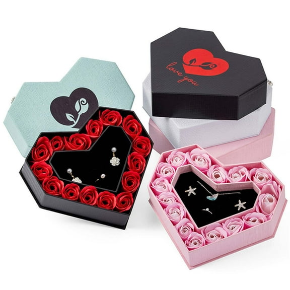 Fufafayo under $5 3Pcs Valentine's Day Gift Box, Box for Jewelry Gift, Valentine's Day Double Open Heart Shaped Gift Box, High End Rose Jewelry Set Packaging for Necklace Ring