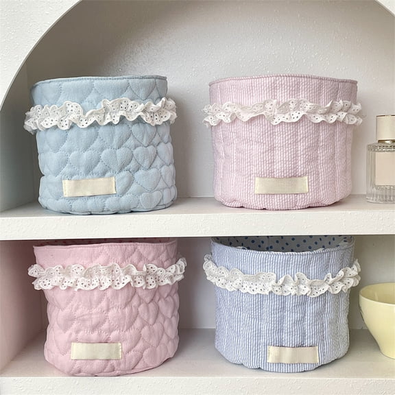 Fufafayo under $5 4Pcs Fabric Storage Bin with Lace, Fabric Storage Basket, Cylindrical Desktop Organizer, Snack and Miscellaneous Holder, Decorative Basket for Home, Foldable for Easy Storage