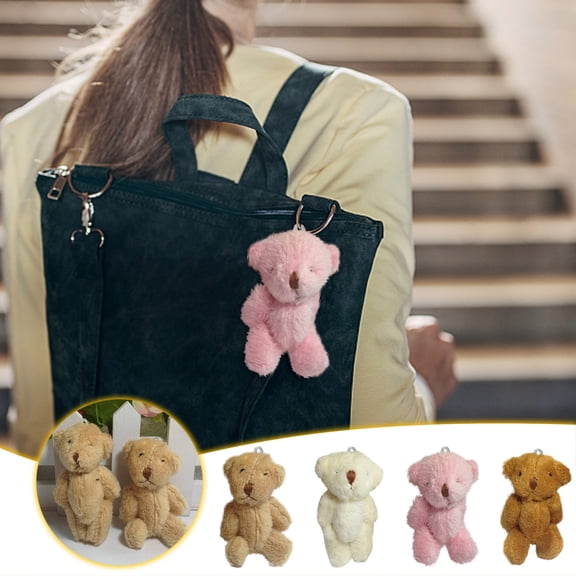 Fufafayo under $5 4Pcs Teddy Bear Keychain, Jointed Teddy Bear Keychain, Mini Plush Doll with Hat Necklace, Cute Bag Charm for Backpack Purse, Gift for Girls, Soft Fabric, Handmade Feel