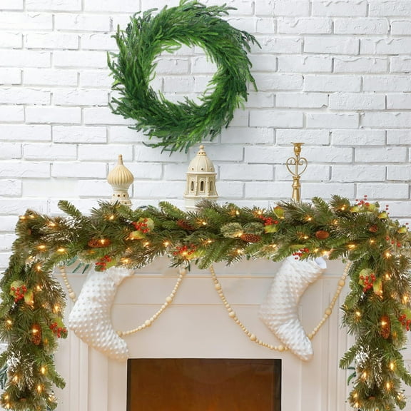 Fufafayo under $5 5.9FT Christmas Garland with Lights, Prelit Garland Christmas Decorations for Mantle Stairs Railing with Berries and Pine Cones, Xmas Garland for Outdoor Indoor Xtmas Home Decor
