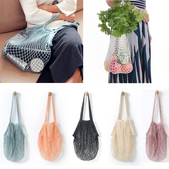Fufafayo under $5 5Pcs Mesh Shopping Bag, Mesh Shopping Bag, Reusable Net Tote for Groceries Produce, Woven String Shoulder Bag for Market, Lightweight Foldable Carry All