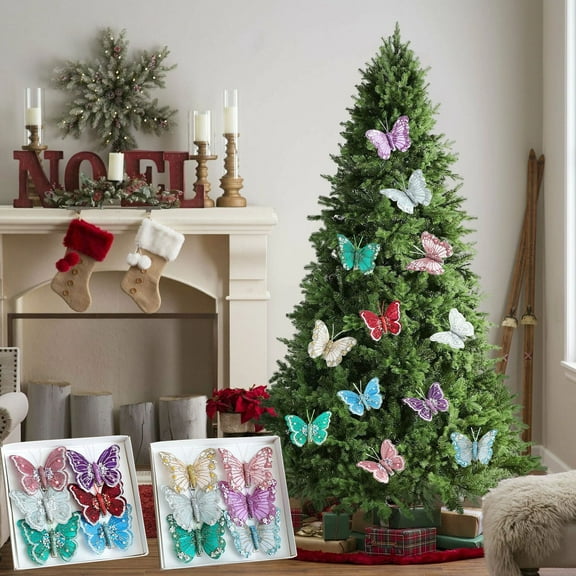 Fufafayo under $5 6Pcs Artificial Butterfly Clip on Glitter Butterflies Ornaments for Christmas Tree Decoration Wreath Garland Crafts Birthday Wedding Party Decor