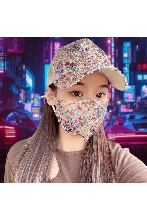 under $5 Baseball Cap and Face Cover Set, Sparkly Sequin Mesh Headwear, Adjustable Breathable Sun Protection for Women, Outdoor Activities Travel Party Sports Events, Daily Use
