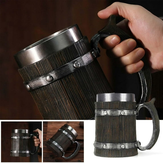 Fufafayo under $5 Beer Mug, Beer Stein, Stainless Steel Beer Mug, Barrel Shaped Drinking Mug, Antique Style Tankard, Man Cave Beer Glass, for Beer, Coffee, Tea, Bar, Party, Gift for Him