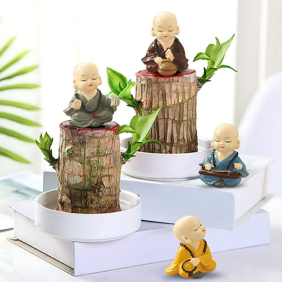 Fufafayo under $5 Buddha Figurines, Brazilian Wood Decor, Resin Monk Figurine Set, 4pc Potted Plants Ornaments, for Home Office Desk, Shelf Decor, Garden Accent, Miniature Statues