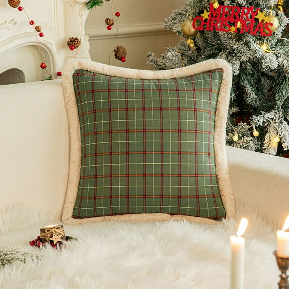 Fufafayo under $5 Christmas Tartan Plaid Pillow Covers with Trim, Fuzzy Buffalo Checkered Christmas Throw Pillow Covers, Xmas Pillows for for Winter Holiday Sofa Couch Bedroom Decor