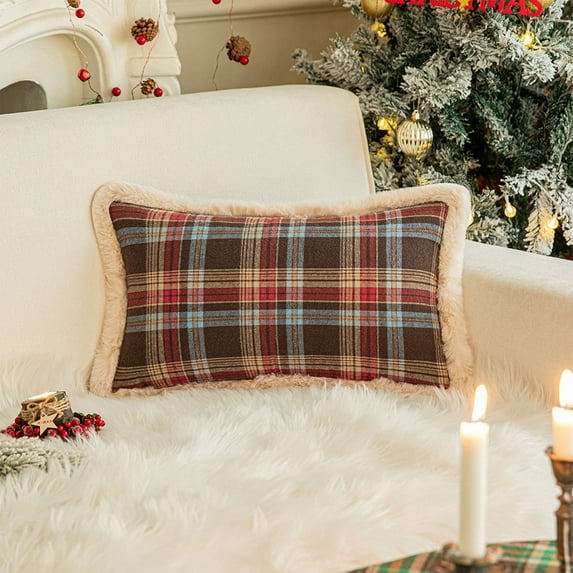 Fufafayo under $5 Christmas Tartan Plaid Pillow Covers with Trim, Fuzzy Buffalo Checkered Christmas Throw Pillow Covers, Xmas Pillows for for Winter Holiday Sofa Couch Bedroom Decor