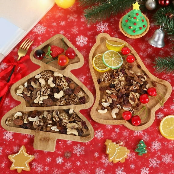 Fufafayo under $5 Christmas Tree Serving Tray with Divided Compartments, Bamboo Snack Platter for Dessert Fruit, Holiday Party Tableware for Restaurant Home