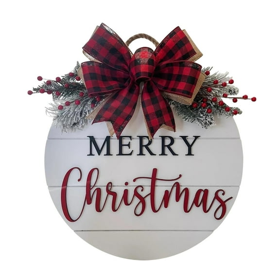 Fufafayo under $5 Christmas Wreath Sign, Merry Christmas Wooden Front Door Hanging Ornament, Round Decorative Plaque for Porch Window Wall, Home, Office, Entry, Indoor Outdoor Decor