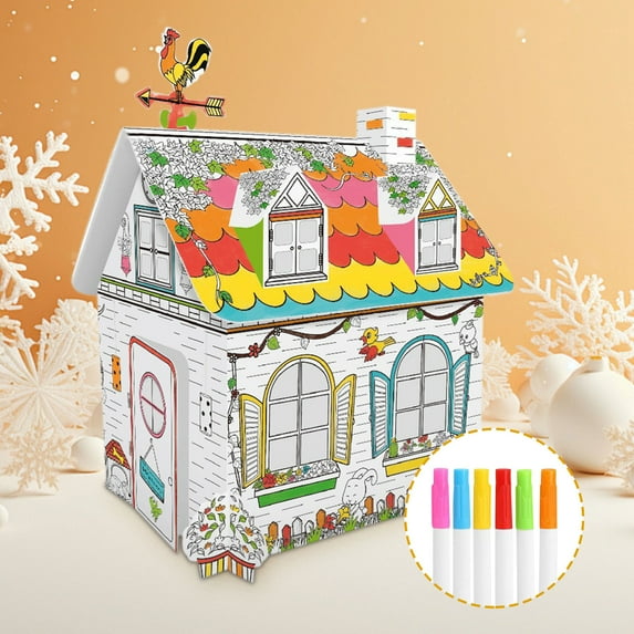Fufafayo under $5 DIY Playhouse, DIY Coloring Playhouse, Foldable Cardboard Cottage for Kids to Color, Christmas Craft Activity for Family, Includes Watercolor Brushes, Easy Assembly and Storage