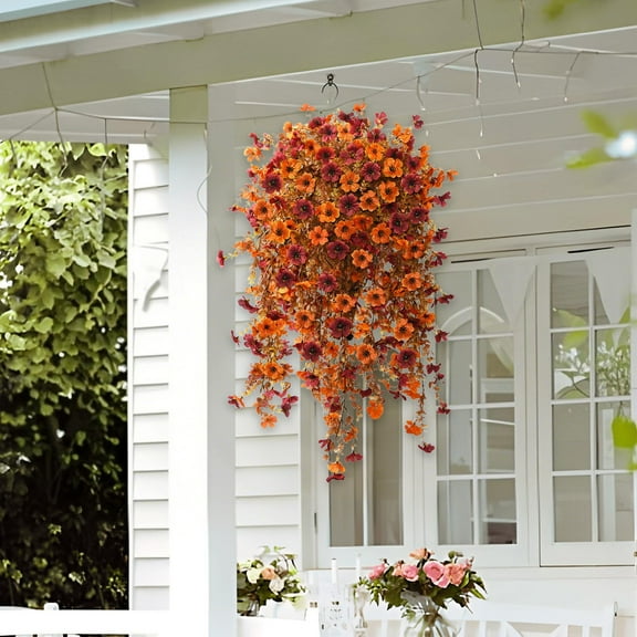 Fufafayo under $5 Fall Artificial Fake Mums Hanging Flowers Plants Basket for Outdoor Decoration, Faux Silk Daisy planters UV Resistant Look Real for Porch Patio Balcony Yard Autumn Decor