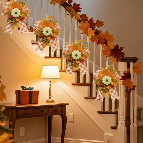 Fufafayo under $5 Fall Cabinet Wreaths with Bow 11.8x9.8 Inch Mini Thanksgiving Wreath Farmhouse Wreath with Maple Leaf and Pumpkin Decor for Chair Door Window Cabinet Wall