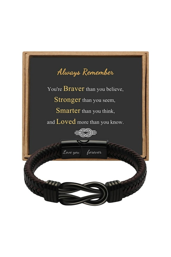 under $5 Magnetic Bracelet, Men's Bracelet, Leather Bracelet with Magnetic Clasp, Knot Design Stainless Steel Black Cuff, Adjustable Length, for Son, Father, Boyfriend, Husband, Gift