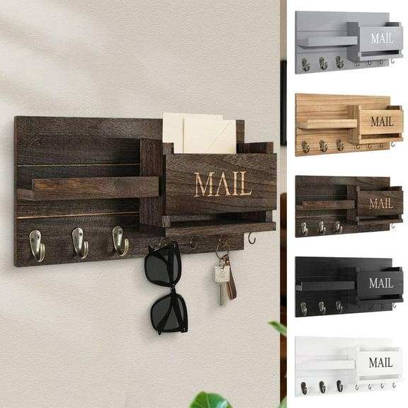 Fufafayo under $5 Mail Organizer for Wall Mount Key Holder with Shelf Includes Letter Holder and Hooks for Hallway Farmhouse Decor Rustic Wood with Flush Mounting Hardware