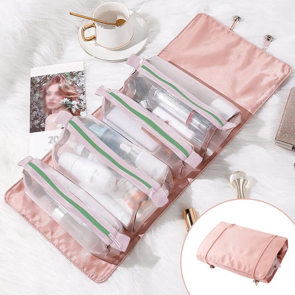 Fufafayo under $5 Makeup Bag, 4 in 1 Makeup Bag, Travel Cosmetic Organizer, Roll Up Toiletry Bag for Accessories, Shampoo, Full Size Bottles, Removable Compartments, Compact Portable Case