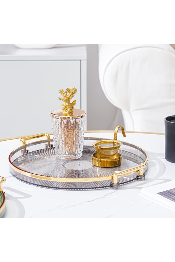 under $5 Modern Round Tray, Plastic Decorative Tray with Gold Handles, 11.73In Cosmetic Makeup Vanity Tray for Storage and Display Makeup Perfume, Suit for Home Decor