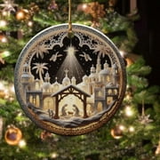 Fufafayo under $5 Nativity Scene Ornament, Christmas Tree Hanging Pendant, Unique Bethlehem Village Design, Circular Frame Decoration for Home, Religious Christmas Accent