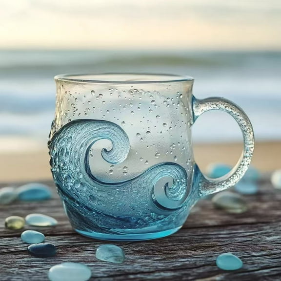 Fufafayo under $5 Sea Glass Wave Mug, Textured Sea Themed Cup, Handcrafted Glass Drinkware, Beach Inspired Coffee Mug, Surf Lover Beverage Container, Coastal Decor Kitchen Accessory