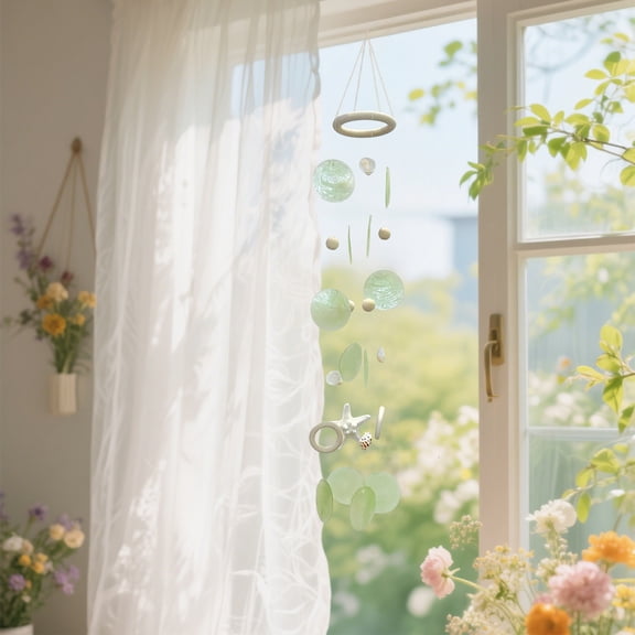 Fufafayo under $5 Sea Star Shell Wind Chime, Wooden Wind Chime with Mirror, Seashell and Bead Handmade Decor, Hanging Ornament for Windowsills and Entryways, Coastal Guesthouse Room Decor