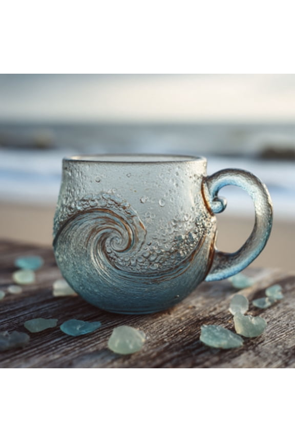 under $5 Sea Wave Mug, Handblown Glass Cup, Textured Beach Theme Drinkware, Tea Wine Glassware, Unique Kitchen Cup, Bar Accessory, Home Dining Collection