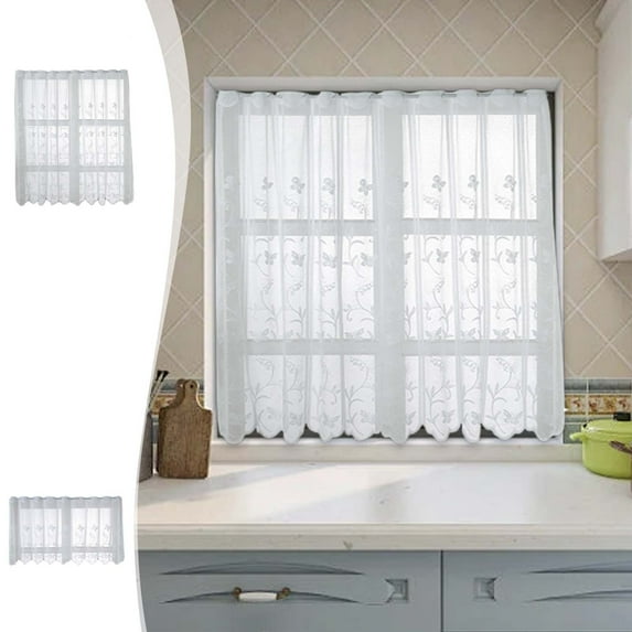 Fufafayo under $5 Semi Sheer Lace Curtains for Kitchen Cafe Window, White Drapes with Rod Pocket Light Filtering with Embroidered Floral Boho for Bathroom