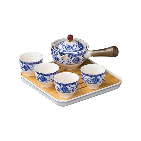 Fufafayo under $5 Tea Set, 360 Degree Rotating Tea Set, Semi Automatic Teapot, Porcelain, with Tray, for Home, Office, Gift, Tea Ceremony, Reception and Lounge