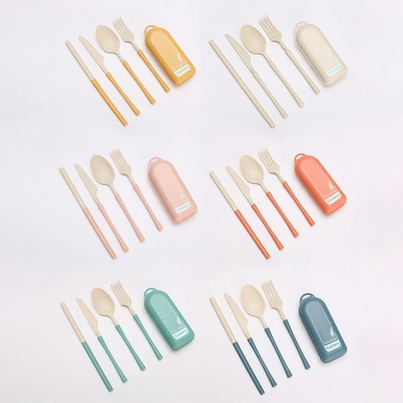 Fufafayo under $5 Travel Utensils, Reusable Cutlery Set with Carrying Case, Portable Eating Utensils with Spoon, Fork, Knife, Straw, Picnic Gear for Camping, Travel, Office Lunch, Outdoor Meals