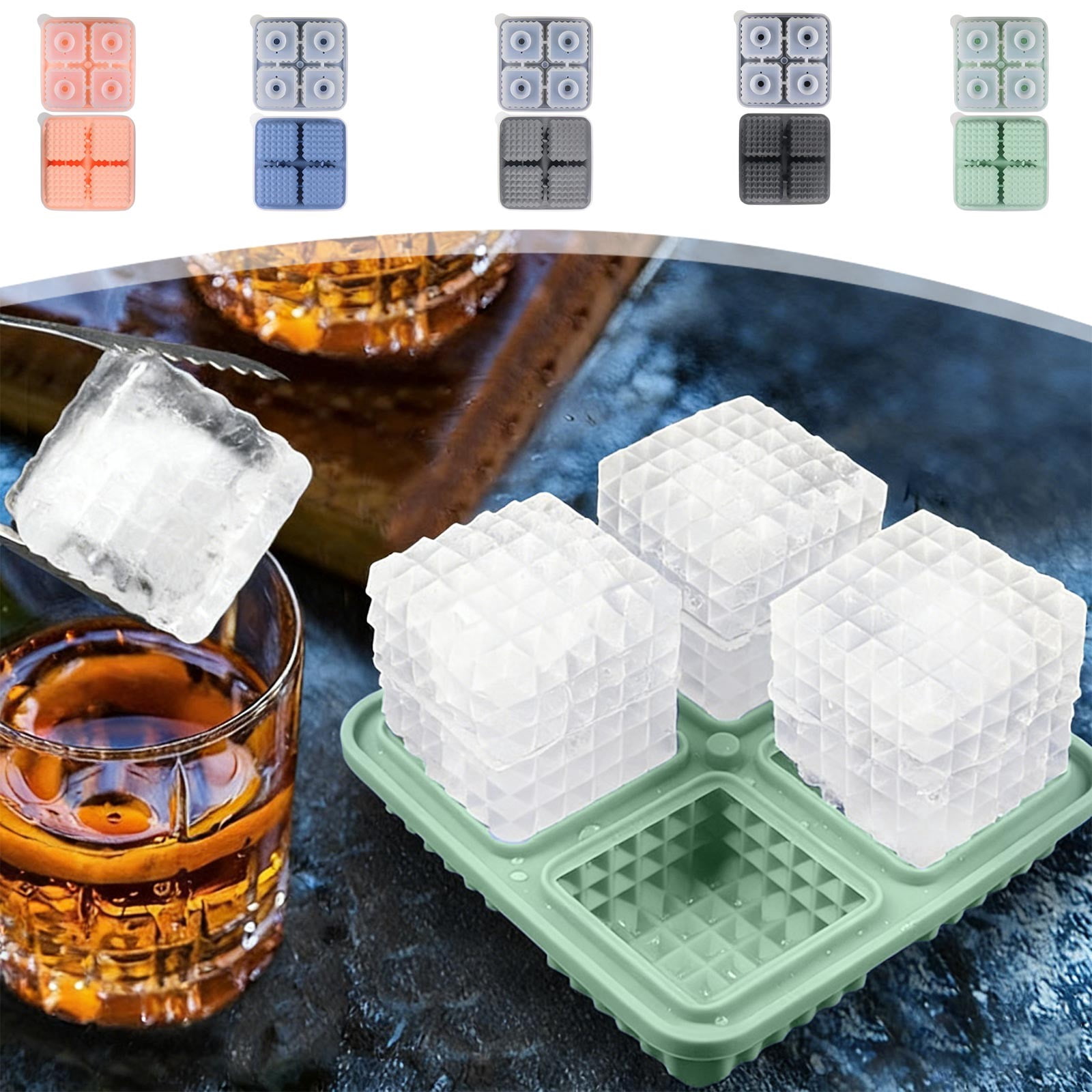 Fufafayo 5Pcs Diamond Ice Maker , Large 2 Inch Whiskey Square Ice Cubes Maker, Silicone Diamond Shaped Ice Ball Tray for Cocktails Bourbon Drinks, Bar Accessories