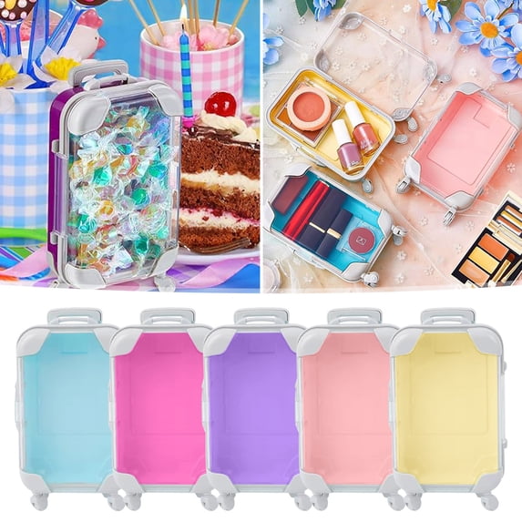 Fufafayo 5Pcs Mini Storage Trolley, Mini Suitcase Storage Box, Clear Travel Cosmetic Case, Portable Organizer for Makeup, Jewelry, Small Items, Rolling Wheels, Handle, Locking Clasp