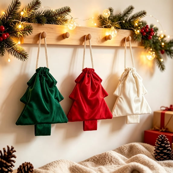 Fufafayo 6Pcs Christmas Tree Drawstring Bag Ornaments Hanging Decorations Window Party Decor Cute Tree Shaped Gift Bag for Indoor Outdoor Xmas Holiday Party Atmosphere Decor