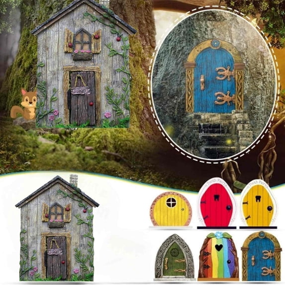 Fufafayo 7Pcs Miniature Gnome Door Figurines, Wooden Fairy Garden Decor, Gnome Home Tree Sculpture Art Statue, Ornament for Outdoor Garden Yard Patio Window Sill