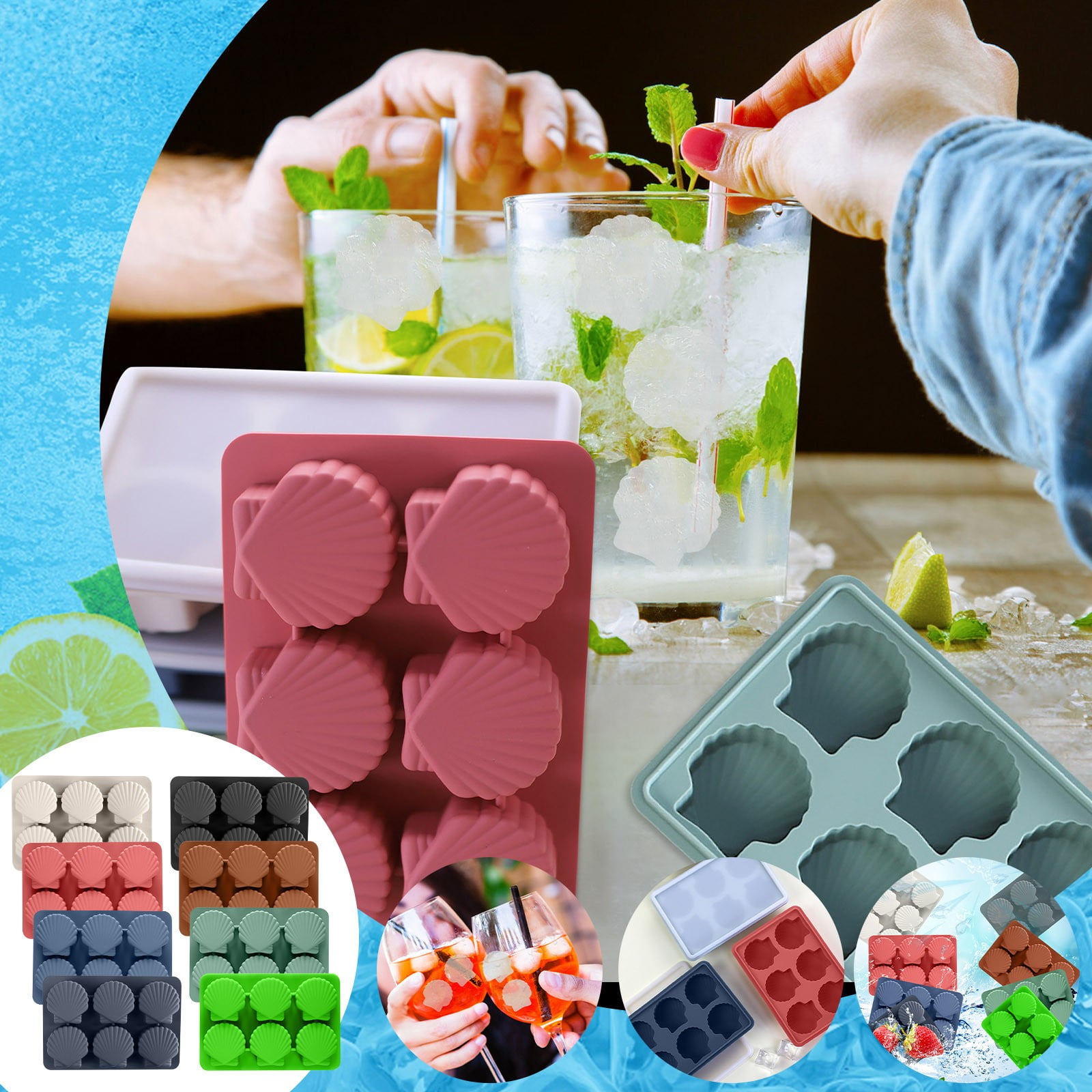 Fufafayo 7Pcs Silicone Ice Tray, Reusable Ice Maker for Freezer, Shell Shaped Ice Maker for Cocktails Beverages, Easy Release Ice Storage Box for Kitchen Home Bar Party
