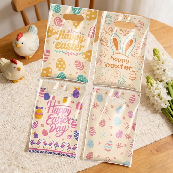 Fufafayo Candy Bag, Easter Candy Bag, Plastic Tote Bag with Easter Egg Print, Holiday Gift Packaging Bag for Treats, Trinkets, and Cosmetics, Party Favor Bag for Celebrations