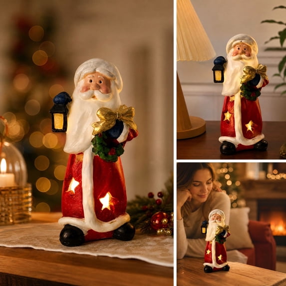 Fufafayo Christmas Santa Claus Figurine with Light, Lighted Resin Santa Statue, Star Cutout Light Up Santa Tabletop Ornament for Christmas Mantel Shelf Home Decor