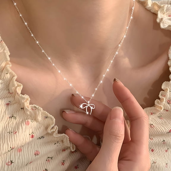 Fufafayo Clearance Promotion Silvery Bow Necklace For Women Ribbon Necklace Pearl Bow Pendant Necklace Bow Necklace Jewelry