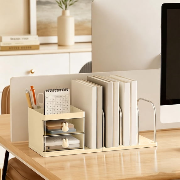 Fufafayo Desktop Notebook Organizer with 2 Drawers and Pen Cup, Plastic Steel Desk Storage Box for Books Stationery Small Items, Office Supplies Organizer for Home Desk Shelf Counter