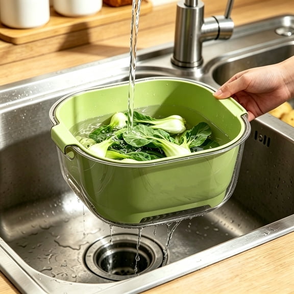 Fufafayo Double Layer Colander Wash Basin, Fruit Vegetable Rinsing Draining Basket, Plastic Food Washing Container for Kitchen Sink Countertop, Household Meal Prep Storage Bin