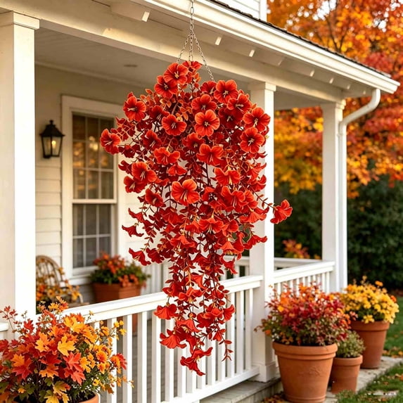 Fufafayo Fall Artificial Flowers Hanging Baskets, Trumpet Flowers Outdoor Courtyard Decor, Faux Silk Floral Arrangement for Fall-Themed Corridor Porch Garden Wall