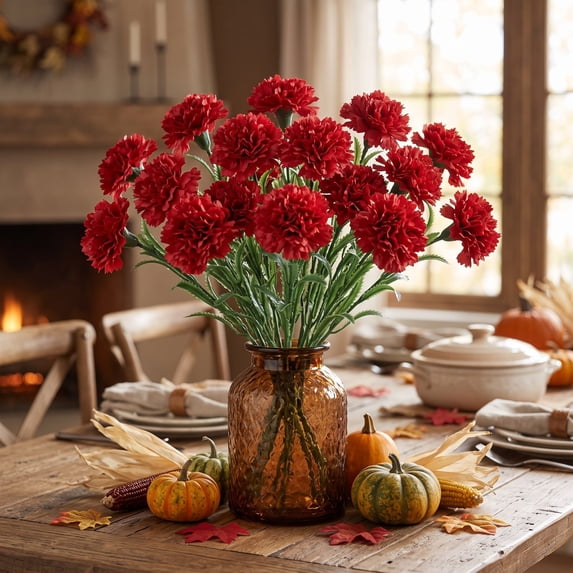 Fufafayo Fall Artificial Flowers Orange Peony Red Carnation Bouquets Autumn Silk Flower Stems Thanksgiving Floral Arrangement Decor for Vase Table Centerpiece Home Party