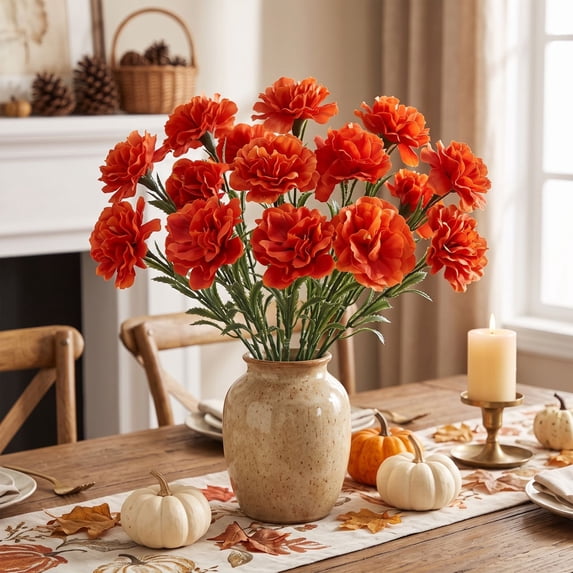 Fufafayo Fall Artificial Flowers Orange Peony Red Carnation Bouquets Autumn Silk Flower Stems Thanksgiving Floral Arrangement Decor for Vase Table Centerpiece Home Party